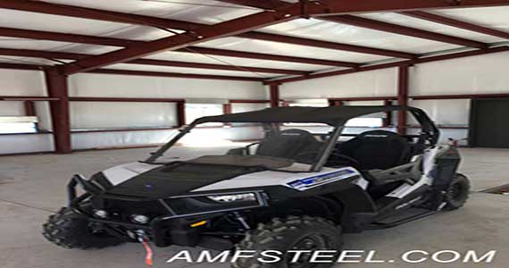 Enclosed storage building sized around vehicles and trailers.